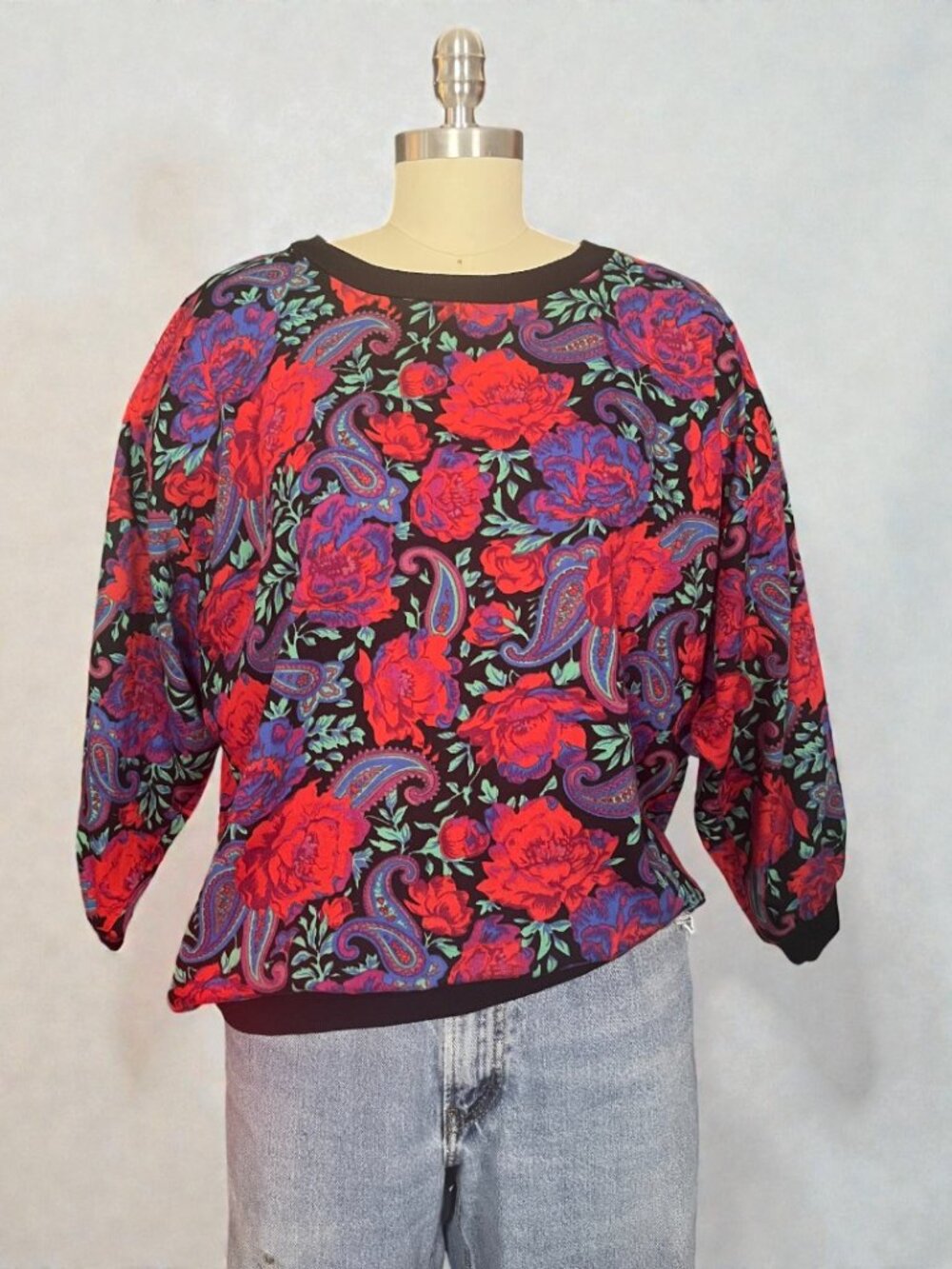 Vintage 80s Lori of California 3/4 Sleeve Red Rose & Blue Paisley Pullover Top